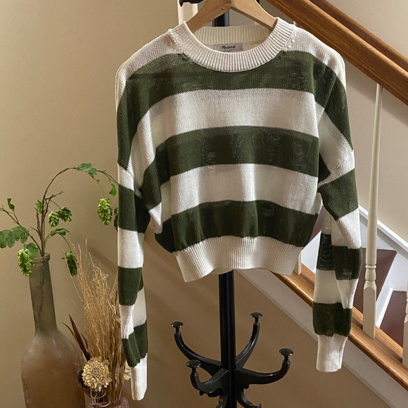 Madewell Sweaters - Madewell Loose Knit Crewneck Striped Sweater Ivory/Olive Green Sz Small